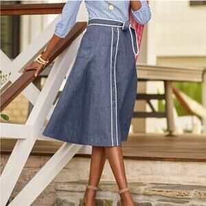 TALBOTS Chambray Blue Linen Blend Midi Skirt Size 14